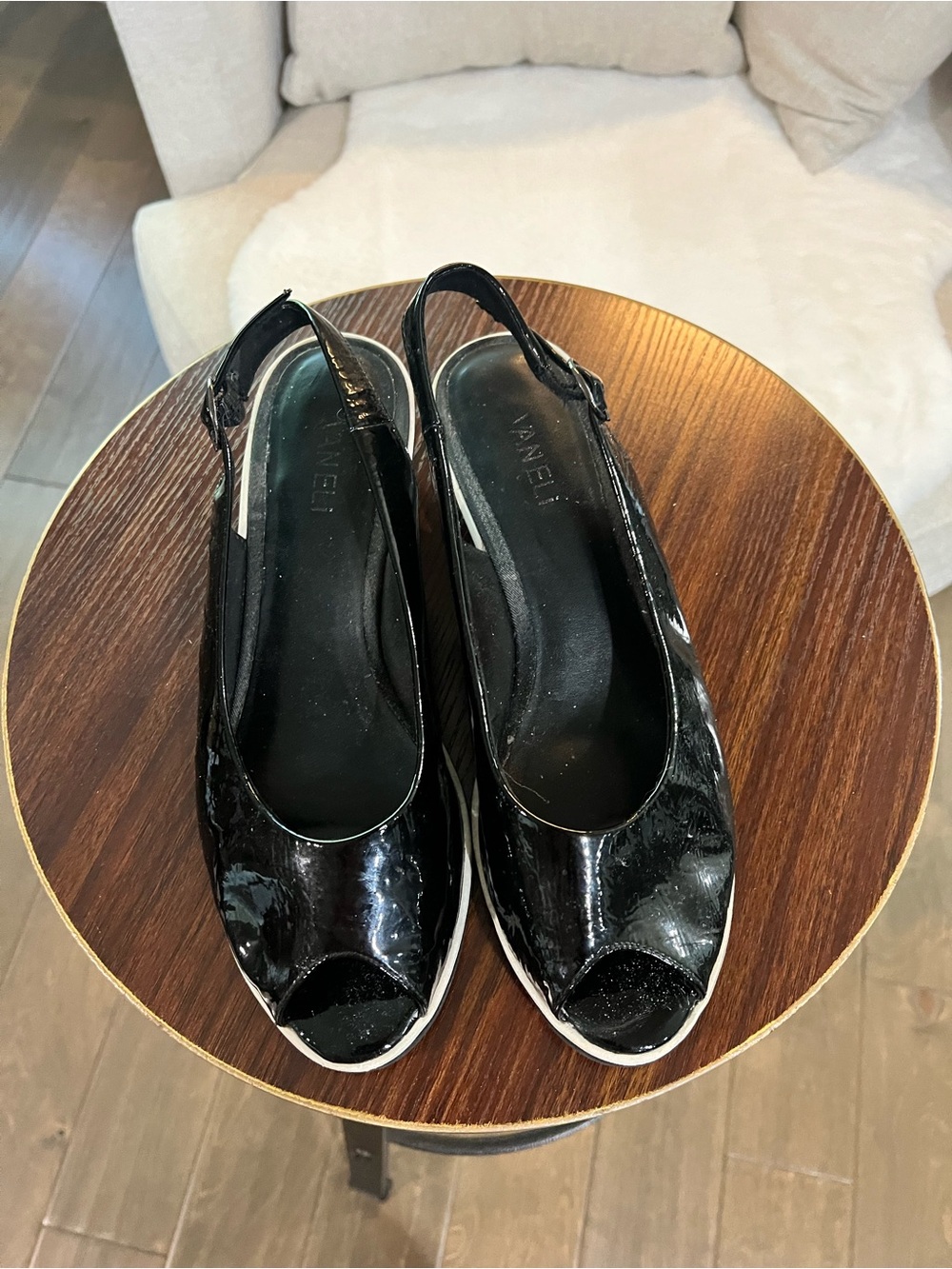 Vaneli Black Patent Peep-Toe Wedge Slingbacks. Size 10
